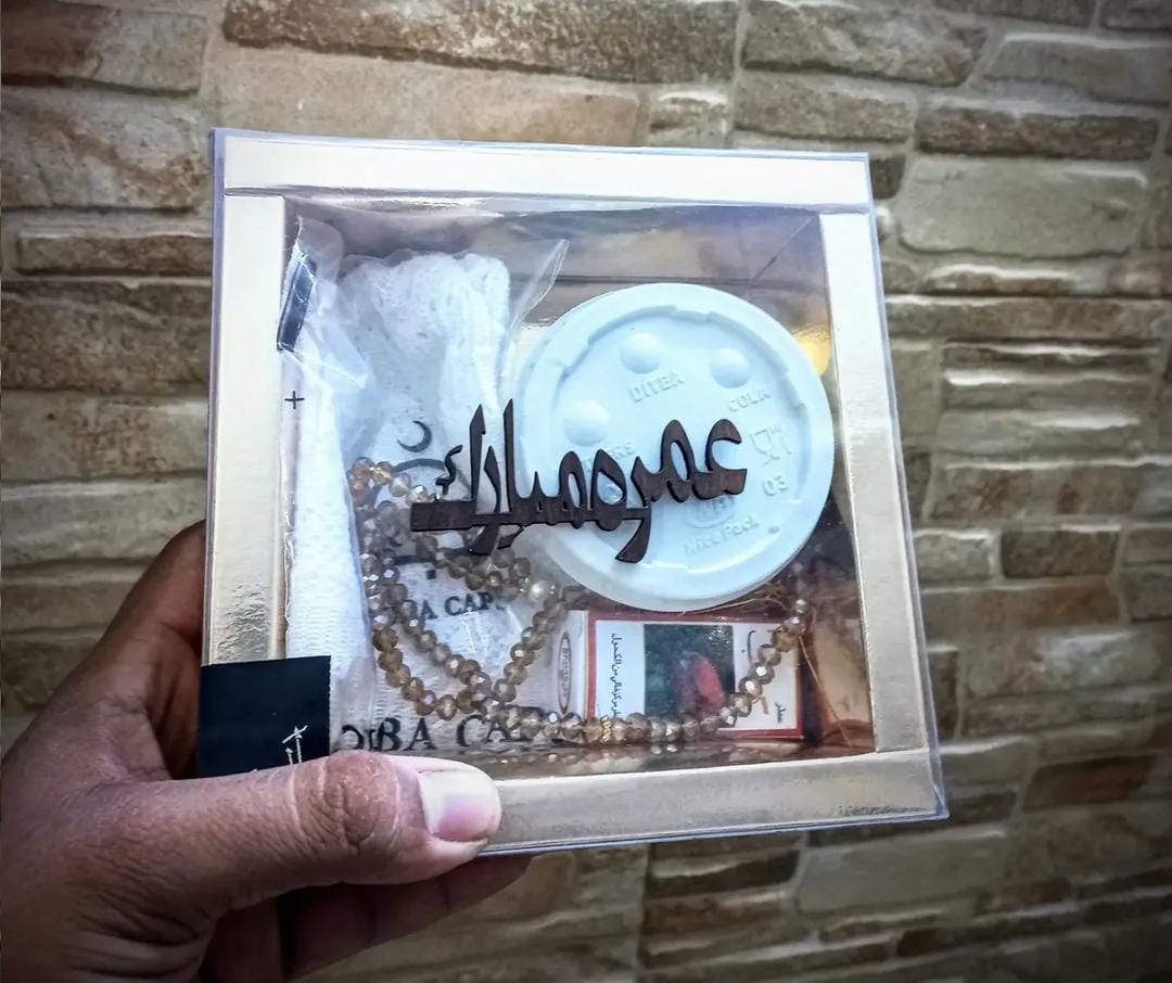 ELEGANT UMRAH GIVEAWAY PACKS/ tasbeeh cap attar dates set